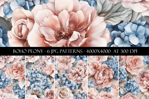 Boho Watercolor Peony Seamless Patterns